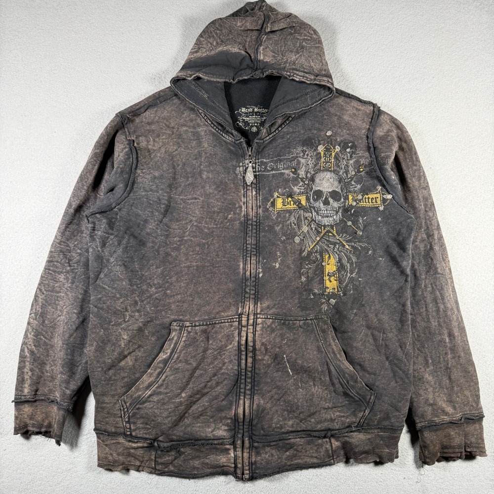 Brad Butter Mens Acid Wash Skull Cross Studded Full Zip Hoodie Black Large
